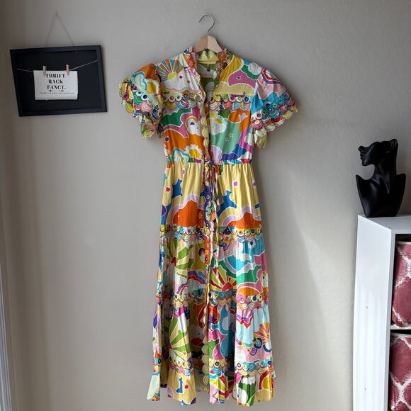 CELIA B Dress Cordelia Whimsical Colorful Scalloped Button Front Midi Dress S - Picture 2 of 11